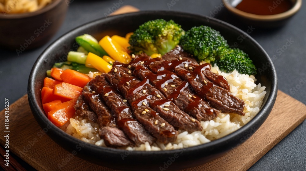 A colorful presentation of beef rice in a traditional bowl, featuring tender beef slices, steamed vegetables, and a drizzle of rich teriyaki sauce for an enticing look. A colorful presentation of beef rice in a traditional bowl, featuring tender beef slices, steamed vegetables, and a drizzle of rich teriyaki sauce for an enticing look.