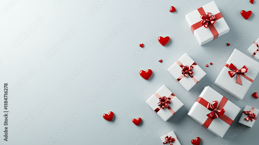 Celebrate love with this festive setup featuring white gift boxes and red hearts arranged on a light blue background Celebrate love with this festive setup featuring white gift boxes and red hearts arranged on a light blue background