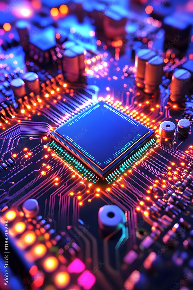Obraz premium Futuristic Chip on Glowing Neon Motherboard Surrounded by Circuit Wires