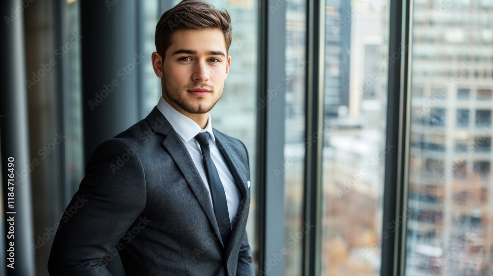 A confident young businessman in a sharp suit standing by a large window in a modern office, looking out over the cityscape with a thoughtful expression. A confident young businessman in a sharp suit standing by a large window in a modern office, looking out over the cityscape with a thoughtful expression.