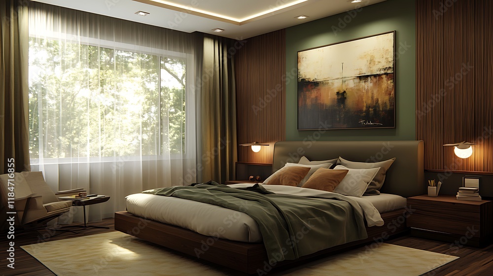 Modern bedroom design, sunlit window, green accents, calm atmosphere, ideal for interior design websites. Modern bedroom design, sunlit window, green accents, calm atmosphere, ideal for interior design websites.