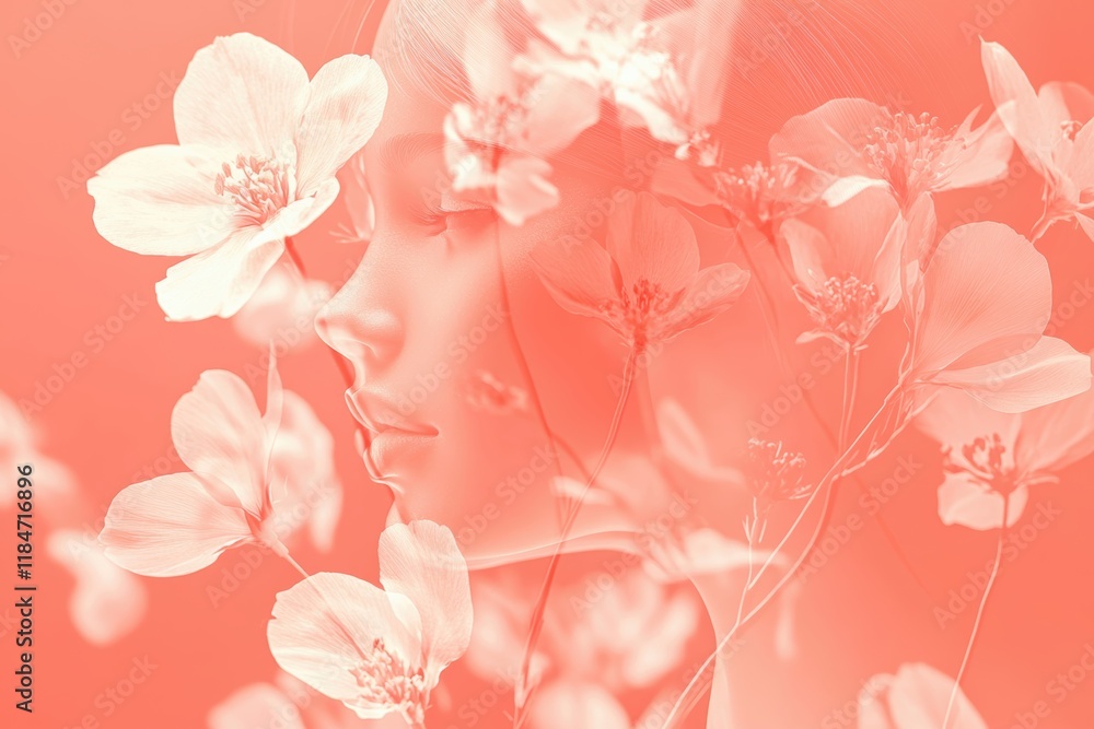 Fototapeta premium Dreamy floral silhouette on bright coral background - design for print, card, poster