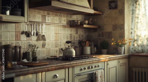 Cozy Kitchen with Warm Lighting and Ceramic Tiles