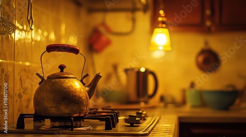 Cozy Kitchen with Kettle on Stove Under Warm Light