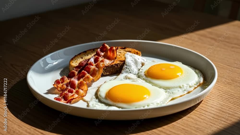 Sunlit breakfast with eggs and bacon: morning delights on wood table Sunlit breakfast with eggs and bacon: morning delights on wood table