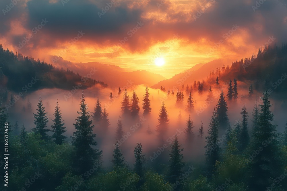 Fototapeta premium mystical mountain landscape at dawn with dense rolling fog through ancient pine forest ethereal sunlight creating dramatic atmospheric scene