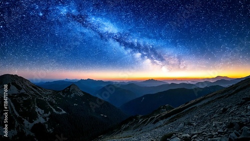 Starry Night Sky Over Mountain Landscape with Lush Green Forest