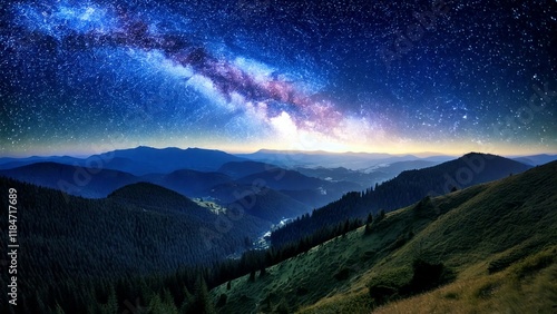 Starry Night Sky Over Mountain Landscape with Lush Green Forest