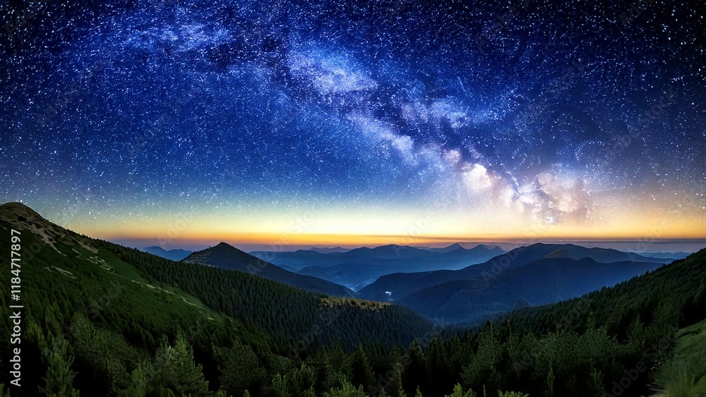 Fototapeta premium Starry Night Sky Over Mountain Landscape with Lush Green Forest