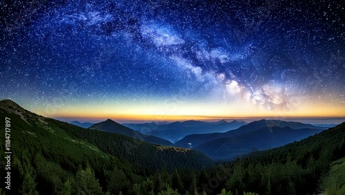 Starry Night Sky Over Mountain Landscape with Lush Green Forest