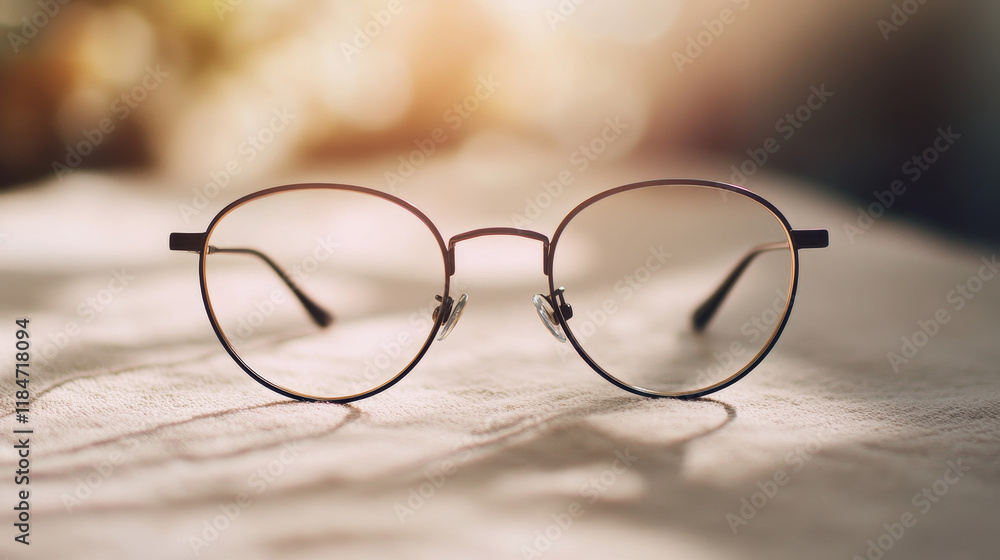 A pair of simple, thin-frame eyeglasses on a plain surface with a soft, neutral background, highlighting the clean lines and subtle reflections on the lenses, emphasizing their minimal design. A pair of simple, thin-frame eyeglasses on a plain surface with a soft, neutral background, highlighting the clean lines and subtle reflections on the lenses, emphasizing their minimal design.