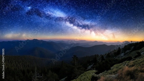 Starry Night Sky Over Mountain Landscape with Lush Green Forest