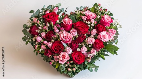 Heart-shaped bouquet of red and pink roses forming a symbol of love