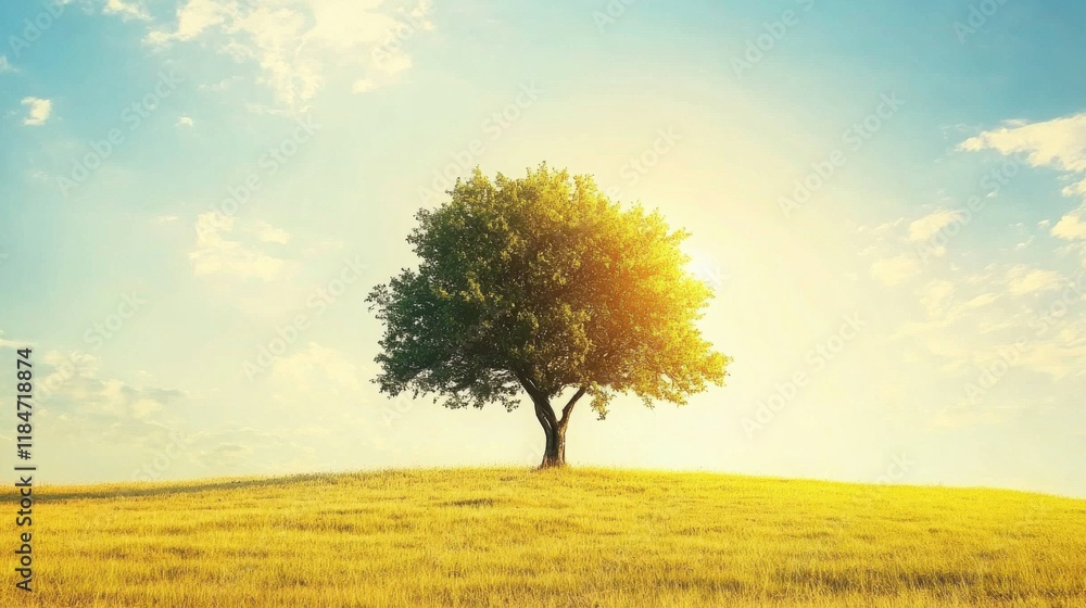 Lone Acacia Tree in Golden Grasslands Under Blue Sky Lone Acacia Tree in Golden Grasslands Under Blue Sky