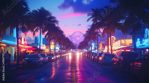 A carnival setup on Miami Beach, with colorful lights and a Ferris wheel as the background, during a festive summer evening