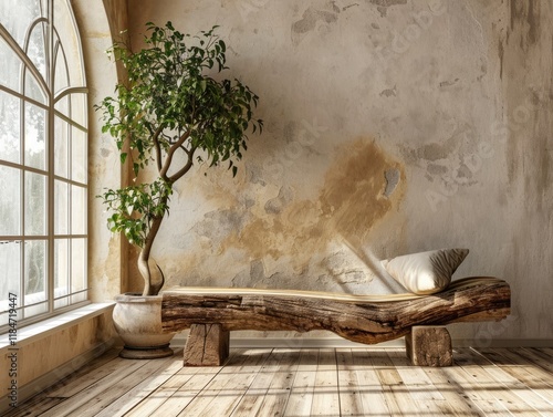 Rustic Living Room Interior with Aged Wood Bench and Arched Window in Farmhouse photo