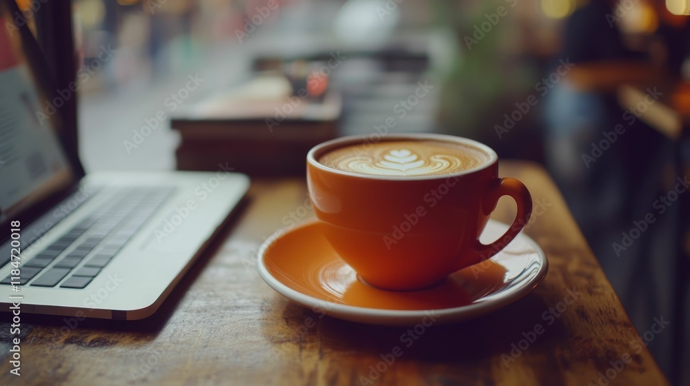 Orange coffee cup, laptop, wooden table, cafe. Orange coffee cup, laptop, wooden table, cafe.