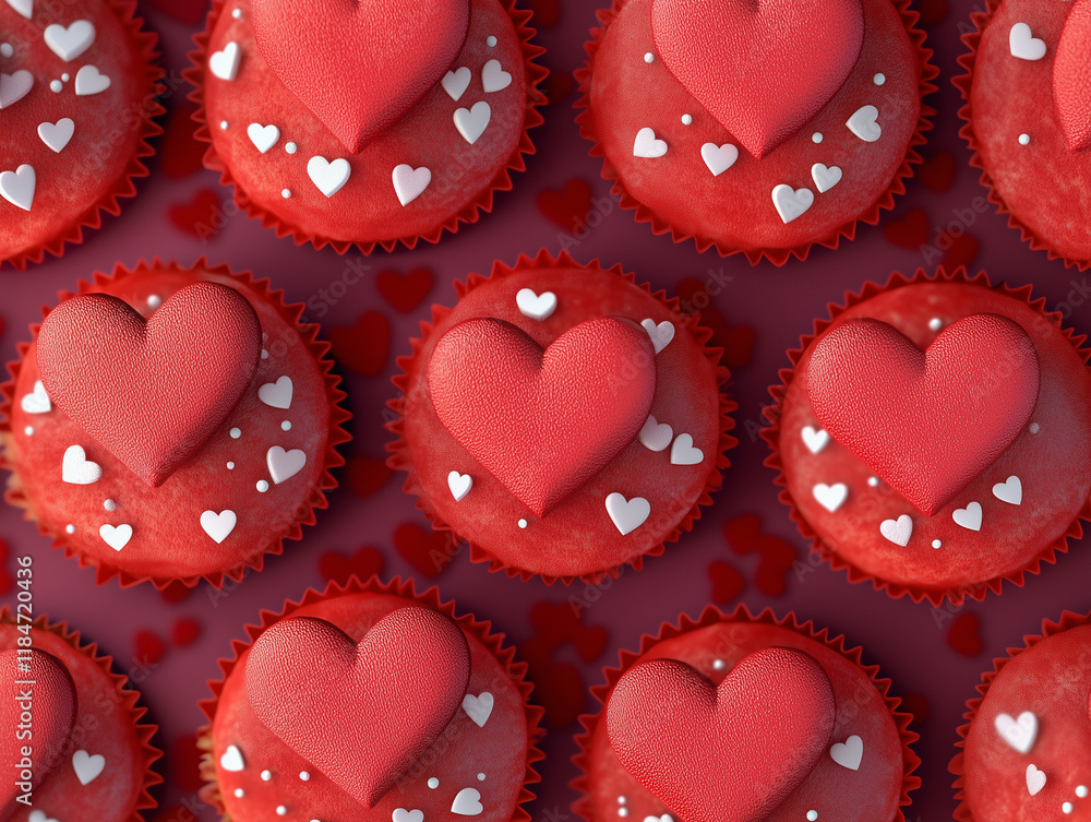 Obraz premium Delicious cupcakes with red cream and heart-shaped decoration. Valentine's day. AI generation.