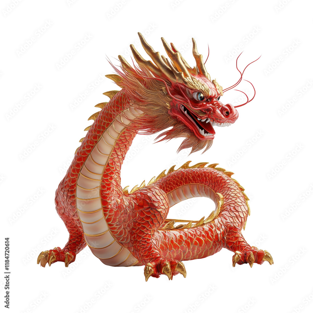 Obraz premium Red Dragon with Golden Accents: A majestic red dragon with intricate golden scales and horns, a symbol of power, wisdom, and good fortune in Chinese culture.