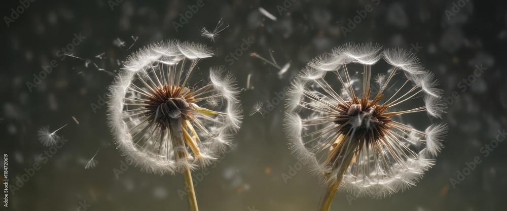 Mature dandelion dispersing seeds, delicate wisps, wind, wildflower, detail Mature dandelion dispersing seeds, delicate wisps, wind, wildflower, detail