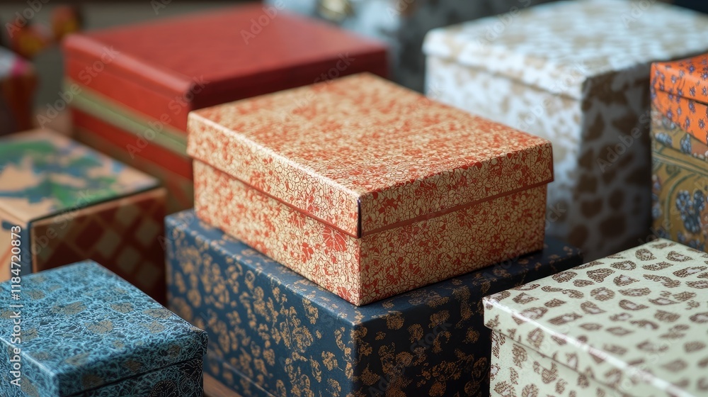 A collection of uniquely patterned gift boxes in varying sizes and colors, creating a visually appealing and textured display. A collection of uniquely patterned gift boxes in varying sizes and colors, creating a visually appealing and textured display.