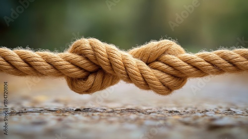 Close-Up of a Rope Knot Symbolizing Strength and Connection. Detailed view of a tied rope knot, evoking strength, resilience, and connectivity against a blurred background. photo