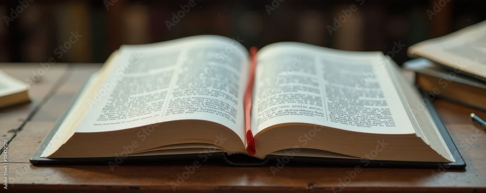 Fototapeta premium Open hardcover book with scattered pages laid flat on a desk, leather binding, books, open pages