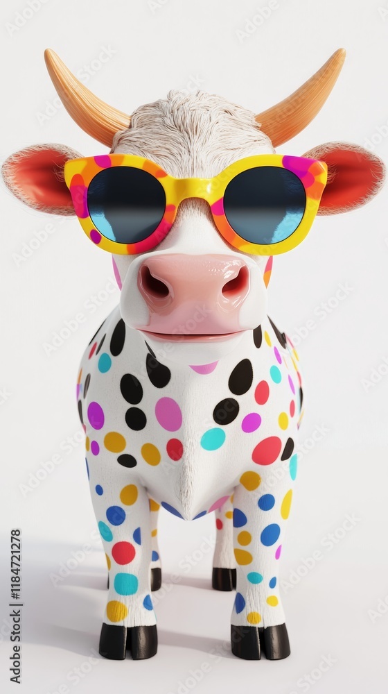 Colorful cow wearing sunglasses standing on white background
