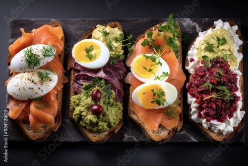 Scandinavian Delight: Open Sandwich Selection. Beef, Egg, Salmon & Fish with Bread Toppings of Beetroot, Dill & Meat