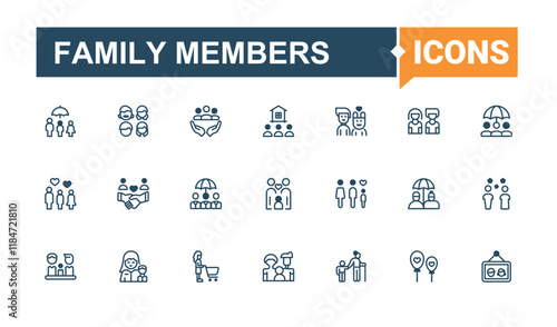 Set of Family Members line icons. Contains related to child, human, couple, worker, teamwork, partner, children and more. Outline icon. Solid line editable vector illustration.