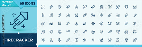 Firecracker icons set in linear style. Includes icons for festive, graphic, Fireworks, element, spark and more. Pixel perfect. Editable vector icon and illustration.