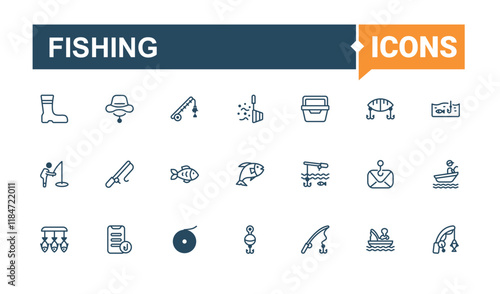 Set of Fishing line icons. Icons reel, water, person, nature, leisure, catch and more. Minimal linear icons. Editable vector outline and solid icons.