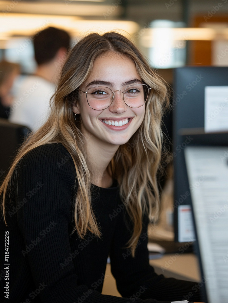 Smiling woman working at modern office desk Smiling woman working at modern office desk