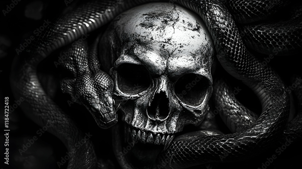 A skull and snake image in black and white