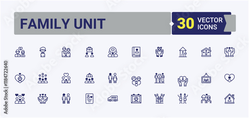 Family Unit icons set in linear style. It contains symbols to work, business, men, family, woman, face, lead and more. Thin linear style icons. Editable vector outline and solid icons.