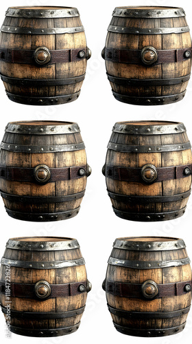 Six Realistic 3D Rendered Wooden Barrels Seamless Pattern photo