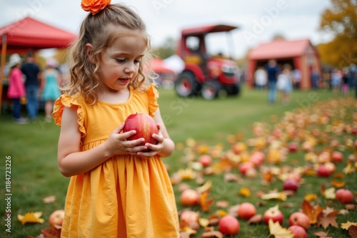 A little girl in a bright dress is picking apples at a Thanksgiving fair. In the distance, people are enjoying hayrides and admiring colorful autumn decorations photo