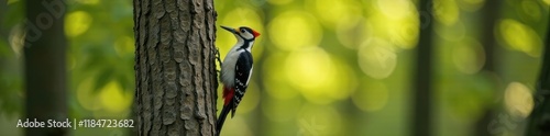 Woodpecker perches on tree trunk, gazing left , nature, perch, morning light