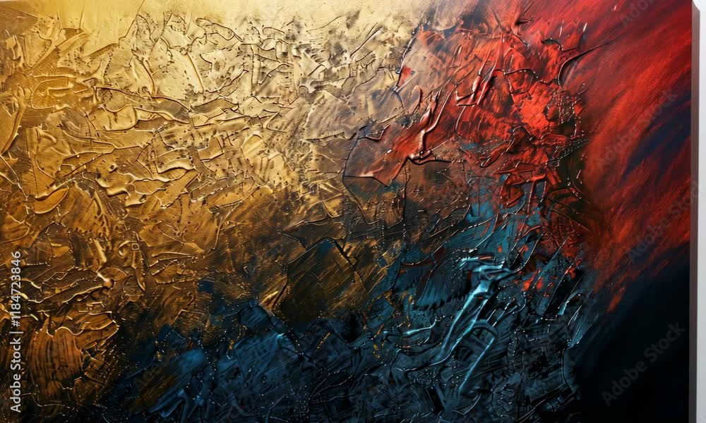 Textured abstract painting with vibrant red, blue, and gold hues Textured abstract painting with vibrant red, blue, and gold hues
