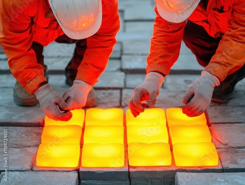 Civil engineers placing glowing red heartshaped tiles for a Valentineinspired urban square photo