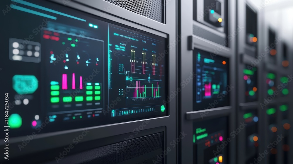 Server racks with glowing screens displaying processing and analyzing data in a data center, representing digital information, technology, and computing power Server racks with glowing screens displaying processing and analyzing data in a data center, representing digital information, technology, and computing power