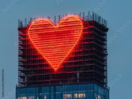 Valentinethemed skyscraper under construction, adorned with heartshaped scaffolding and glowing romantic lights photo