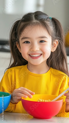 A cheerful moment of children slurping noodles from colorful bowls, with a playful  photo