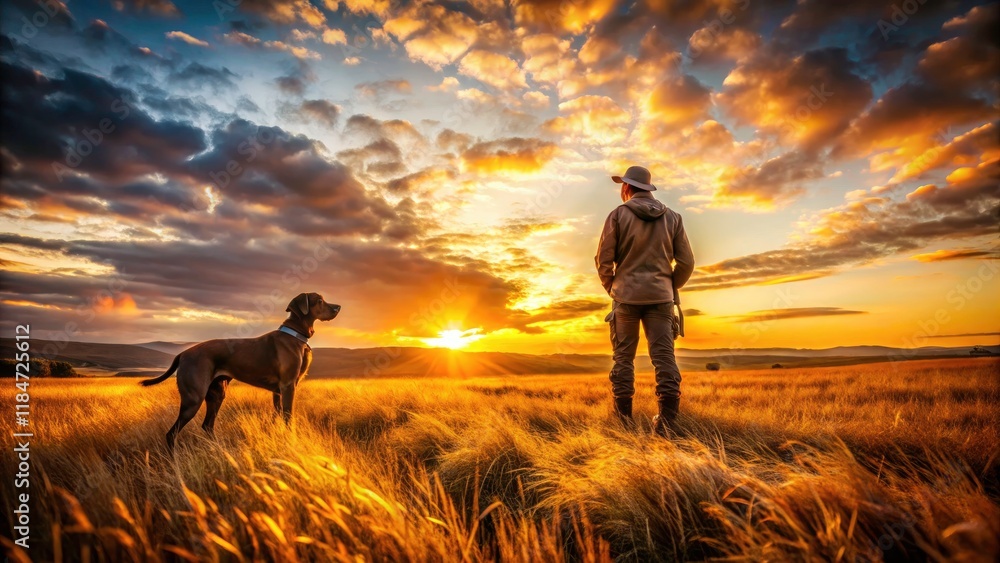 Fototapeta premium Breathtaking drone footage captures a hunting dog and handler working seamlessly across a sprawling field.