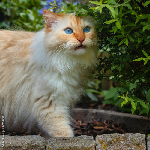 Flehming cat under the green leaves of a garden plant