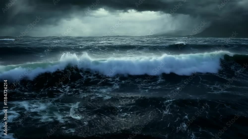 Dark ocean waves crash against rocky coast under stormy skies at dusk Dark ocean waves crash against rocky coast under stormy skies at dusk