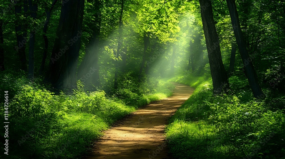 Obraz premium Serene forest path surrounded by lush greenery and sunlight filtering through the trees, perfect for mindfulness and meditation