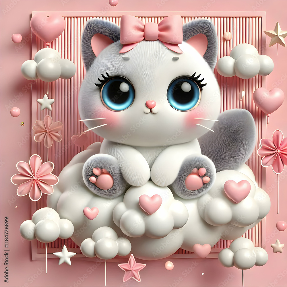 A 3D cute cat with oversized eyes, wearing a small pink bow, resting on a soft fluffy cloud, surrounded by floating hearts and stars, perfect for creating whimsical pet art. A 3D cute cat with oversized eyes, wearing a small pink bow, resting on a soft fluffy cloud, surrounded by floating hearts and stars, perfect for creating whimsical pet art.