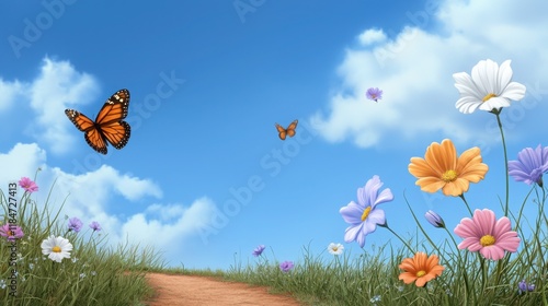 A dirt trail meandering through a meadow filled with wildflowers of every color