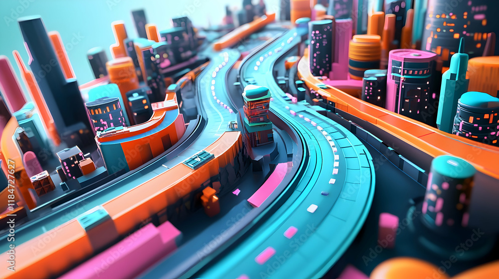 Ahead plan illustrated in 3D as a colorful roadmap leading to a futuristic goal with intricate details along the way Ahead plan illustrated in 3D as a colorful roadmap leading to a futuristic goal with intricate details along the way
